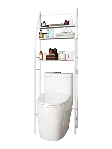 Badezimmerregal über Weißer Toilette | Sparen Sie Platz mit 3 Regalen | Wasserdichtes Aufbewahrungsregal | Höhenverstellbare Beine (Weiß-Metallic)