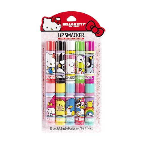 Lip Smacker Sanrio Hello Kitty and Friends 10 Piece Flavored Lip Balm Party Pack, Clear Matte, For Kids, Men, Women, Dry Lips, My Melody, Little Twin Stars, and Chococat
