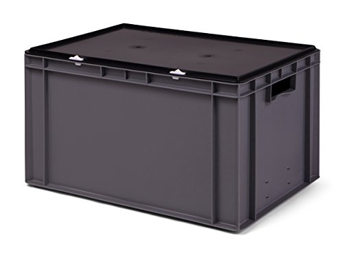 Transport-Stapelbox/Lagerbehälter grau, mit schwarzem Verschlußdeckel, 600x400x320 mm (LxBxH)