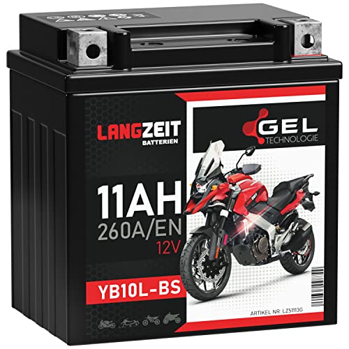 LANGZEIT YB10L-BS Motorradbatterie GEL 12V 11Ah 260A/EN 51113 YB10L-A2 YB10L-B2 Batterie 12V doppelte Lebensdauer vorgeladen auslaufsicher wartungsfrei