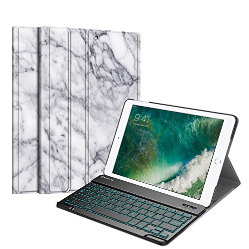 Fintie beleuchtete Tastatur Hülle für iPad 9.7 Zoll 2018 2017 / iPad Air 2 / iPad Air - Ultradünn Schutzhülle mit magnetisch Abnehmbarer QWERTZ Tastatur mit Hintergrundbeleuchtung, Marmor Weiß