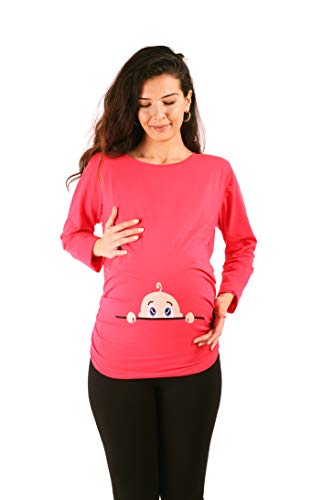 Neugieriges Baby - Lustige witzige süße Umstandsmode Umstandsshirt mit Motiv für die Schwangerschaft Schwangerschaftsshirt, Langarm (Koralle, Medium)