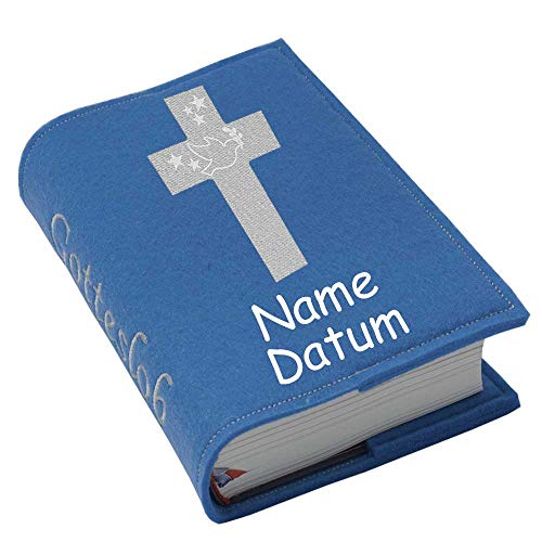 Gotteslob Gotteslobhülle Hülle Kreuz 1 silber Filz mit Namen bestickt Einband Umschlag personalisierte Gesangbuchhülle, Farbe:blau
