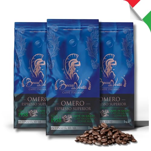 BOCCA DELLA VERITA® - Italienische Kaffeebohnen, Aroma OMERO ESPRESSO SUPERIORE, 3 Packungen mit 1 kg, Natürlich und handwerklich gerösteter Kaffee, 100% Made in Italy, Rainforest und UTZ zertifiziert