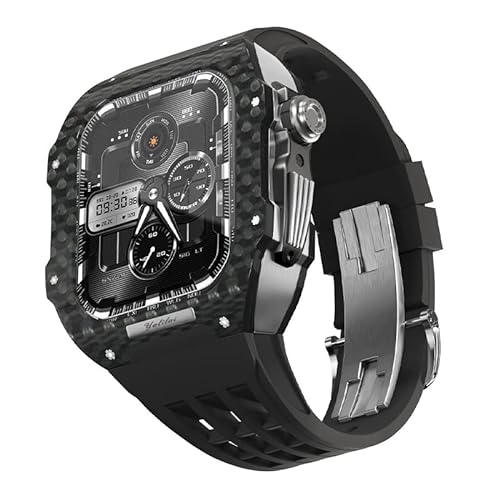 SHZZHS Uhrenarmband aus Fluorkautschuk, Kohlefaser-Lünette für 8/7/6/5/4/SE, Luxus-Uhrenarmband aus Kohlefaser, kompatibel mit IWatch-Serie 44/45 mm, mit Werkzeug