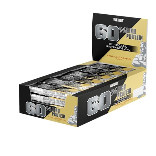 WEIDER 60% Proteinriegel, Eiweißriegel mit dem höchsten Proteingehalt auf dem Markt, High Protein Riegel mit Glutamin und BCAA für Muskelaufbau und Fitness, 24 Stück á 45g, Vanilla-Caramel