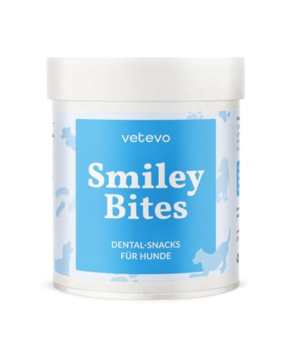 vetevo Smiley Bites Hunde Zahnpflege Snack, Zahnpflege Hund, gegen Mundgeruch Hund, Zahnstein Hund, mit Seealge, Pfefferminze & Petersilie – 300g Dose