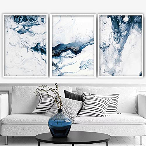 DCLINA Abstract Ocean Navy Marineblau & Weiß Gemäldedrucke Leinwand Bild Abstrakte Poster Kunstdruckee Wand Bilder Bilder für Wohnzimmer Wohnkultur 50x70cm x3 Rahmenlos