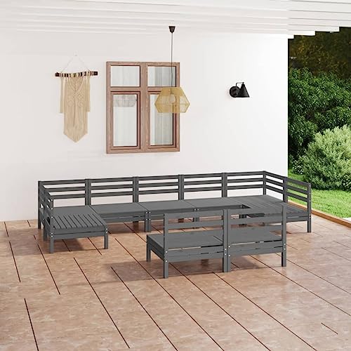 WHOPBXGAD terrassenmöbel,balkonmöbel Kleiner Balkon,Tisch klappbar,9-TLG. Garten-Lounge-Set Grau Massivholz Kieferterassenmöbel außen,balkonmöbel Set,glasplatte Tisch,