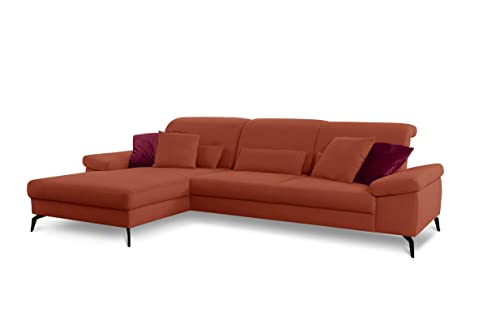 CAVADORE Ecksofa Carmen / Cord-Sofa in L-Form mit großem Longchair und schwarzen Metallfüßen / 301 x 84 x 195 / Fein-Cord, Rot-Braun