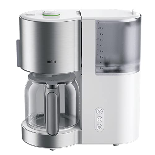 Braun Kaffeemaschine KF 5120 WH – IDCollection Filterkaffeemaschine mit AromaSelect & 10 Tassen Glaskanne, Entkalkungsanzeige, Reinigungsprogramm, 1000 Watt, Weiß/Edelstahl