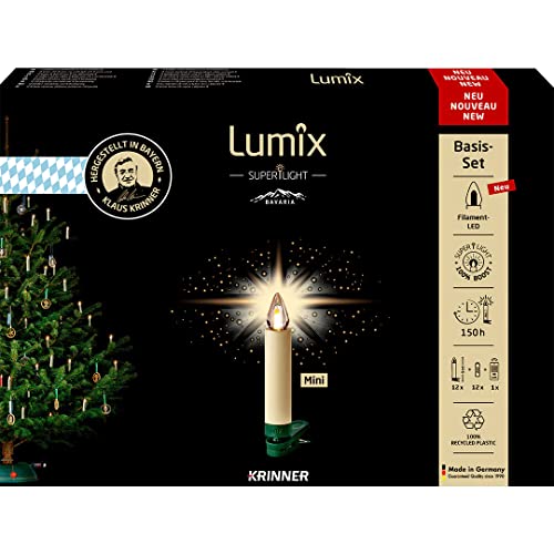 Lumix® SuperLight Bavaria Mini von KRINNER kabellose LED Christbaumkerzen Weihnachtsbaumkerzen 12er Basis-Set Elfenbein 9cm warmweiß inkl. Fernbedienung Made in Germany 77901