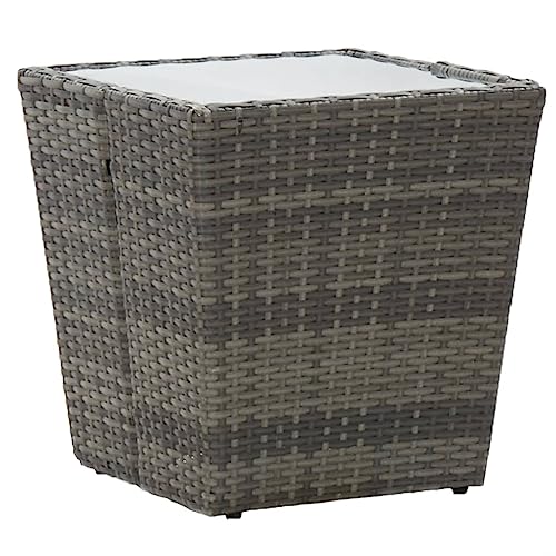 CKioict Bistrotisch Balkontisch Gartenmöbel Beistelltisch Grau 41,5×41,5×43 cm Poly Rattan und HartglasFür Terrassen, Gärten, Bauernhäuser