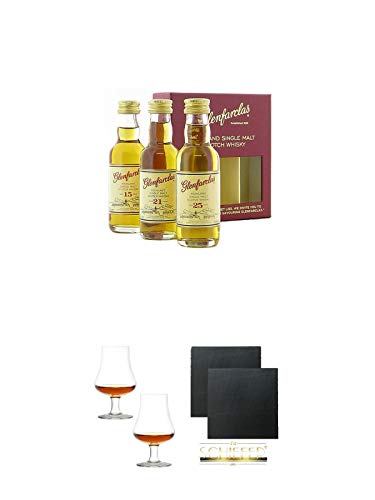 Glenfarclas Collection 3 x 5 cl - 15 Jahre - 21 Jahre - 25 Jahre + Stölzle Nosingglas für Whisky 2 Gläser - 1610031 + Schiefer Glasuntersetzer eckig ca. 9,5 cm Ø 2 Stück