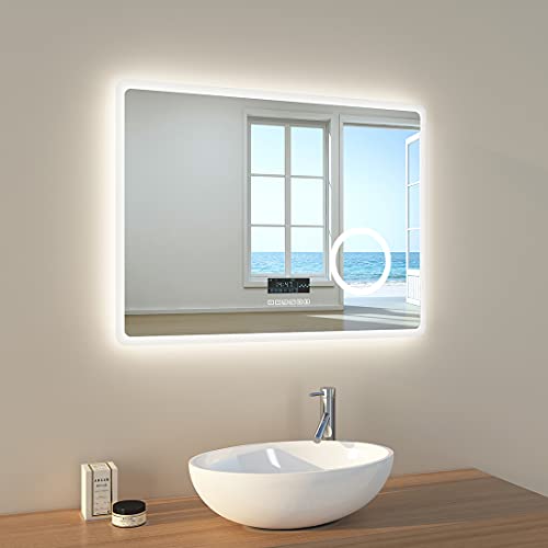 EMKE Badspiegel, Badezimmerspiegel 80x60cm LED Badspiegel mit Beleuchtung kaltweiß Lichtspiegel Wandspiegel mit Touch-Schalter mit Bluetooth mit beschlagfrei IP44 energiesparend