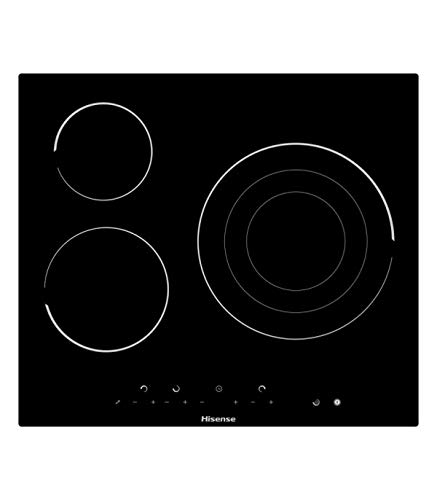 Hisense Glaskeramikkochfeld E6322C, 3 Zonen, 1 mit Riesenstrahler, 30 cm, dreifacher Krone, 60 cm, Kindersicherung, kratzfest mit abgeschrägtem Ende