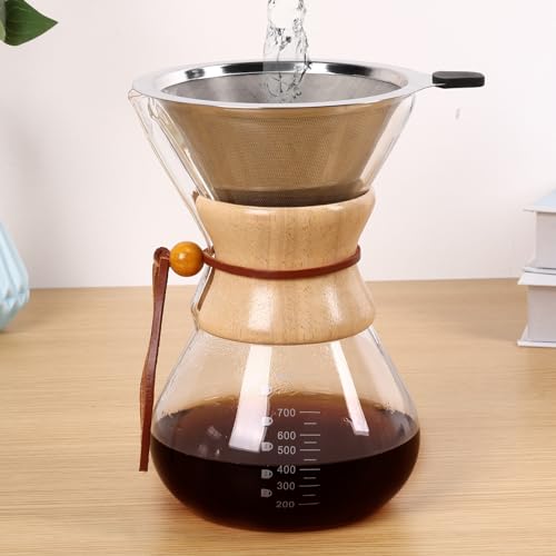 Über Kaffeemaschine mit doppelter Schicht Edelstahlfilter 28oz Kaffee Carafe mit Holzkragen 4-6 Tassen Glas Kaffee Dripperbrauer Heizbeständiges Kaffeekanne Waschkaffee(800 ml,Protokollfarbe)