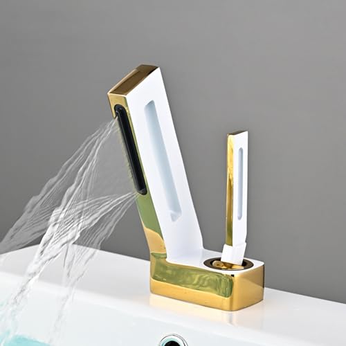 HIARAN Wasserfall-Wasserhähne für Badezimmer-Waschbecken, Einhand-Waschtischarmaturen, Wasserfall-Waschbecken-Mischbatterie, heiß und kalt, Weiß + Gold Lucky Star