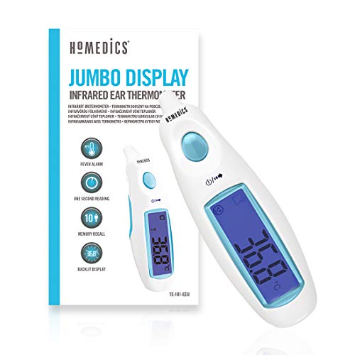 HoMedics Digitales medizinisches Ohr-Thermometer mit Jumbo-Display - Hochpräzise Messwerte für Erwachsene und Babys - Sofortmessung, wasserdichte Sonde, Fieberalarm, 10 Speicher, einfache Bedienung