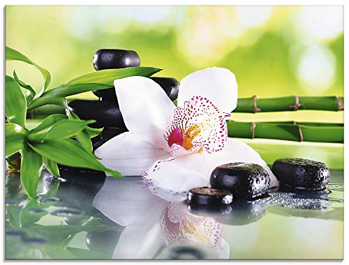 Artland Qualitätsbilder I Glasbilder Deko Breit 80 cm Hoch 60 cm Wellness Zen Grün Spa Steine Bambus Zweige weiße Orchidee Feng Shui