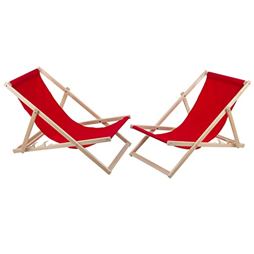 Woodok 2-er Liegestuhl Set aus Buchholz Strandstuhl zur Selbstmontage Sonnenliege Gartenliege für Strand, Garten, Balkon und Terrasse Liege Klappbar bis 120kg (Rot)