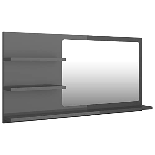 vidaXL Badspiegel mit 3 Ablagen Spiegelregal Wandspiegel Badezimmerspiegel Bad Spiegel Badezimmer Badmöbel Hochglanz-Grau 90x10,5x45cm Holzwerkstoff