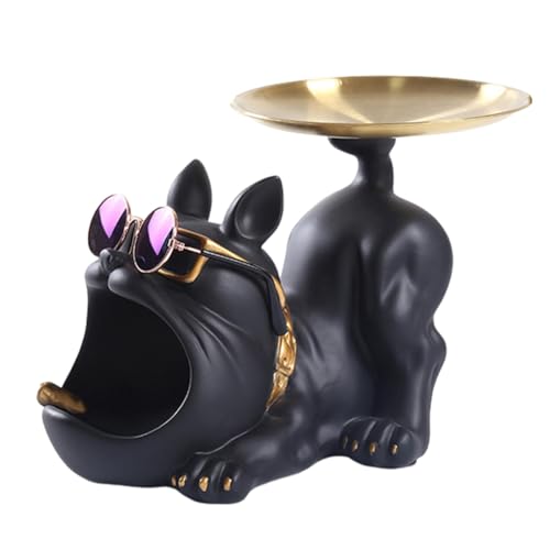 LIVASH Cool Bulldog Crafts Hundebutler Aus Kunstharz mit Tablett für SchlüSselhalter, Aufbewahrung, Schmuck, Tierzimmer, Heimdekoration, Statue, Schwarz