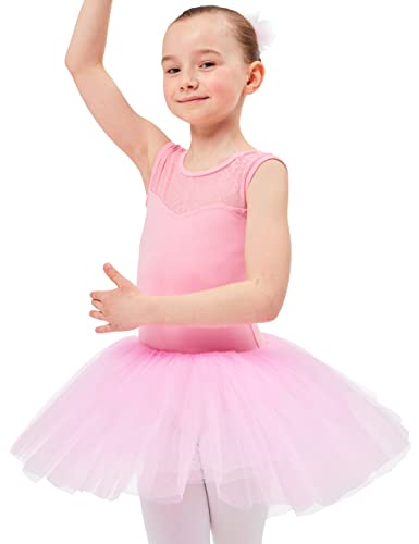 tanzmuster ® Ballettkleid Mädchen Tutu - Lottie - aus weichem Baumwollmaterial mit Spitzeneinsatz vorn und Tuturock Trikot fürs Kinder Ballett in rosa, Größe:128/134