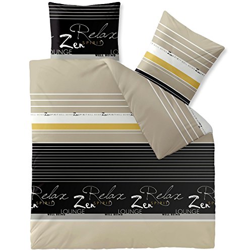 CelinaTex Fashion Bettwäsche 200 x 220 cm 3teilig Baumwolle Lian Streifen Wörter Beige Schwarz Weiß