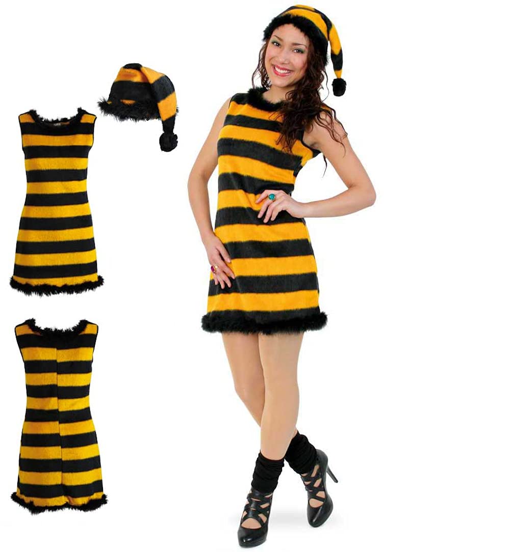 Karnevalsparty Damenkostüm Honey in gelb-schwarz gestreift kurzes Kleid mit Mütze im Zipfelmützen-Stil Plüschkostüm weich warm kuschelig Honig-Biene Honey (44)