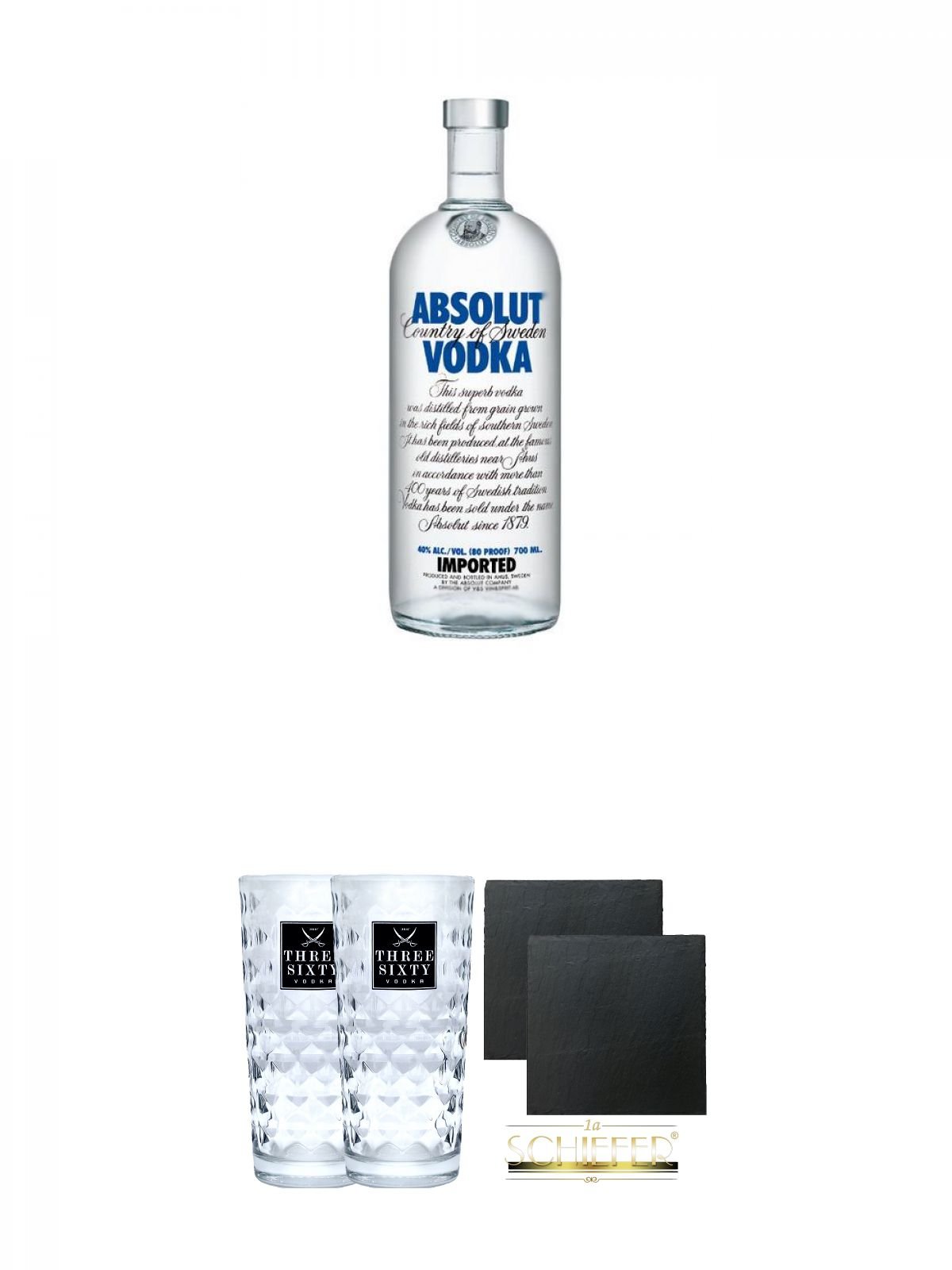 Absolut Blue Vodka 0,70 Liter + Three Sixty Vodka Gläser 2 Stück + Schiefer Glasuntersetzer eckig ca. 9,5 cm Ø 2 Stück
