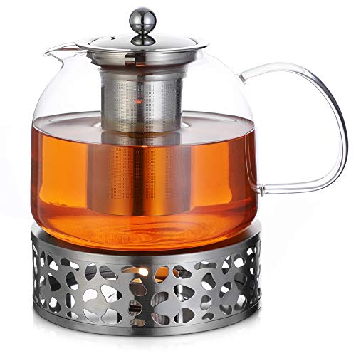 Monzana Teekanne Glas 1,5 L mit Stövchen Set herausnehmbarer Siebeinsatz Edelstahl spülmaschinengeeignet Teebereiter Glaskanne