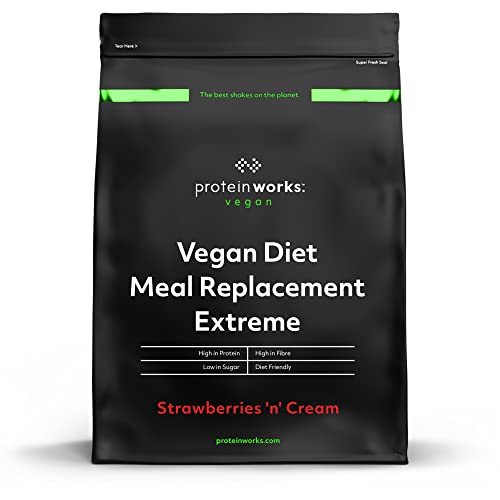 THE PROTEIN WORKS Veganer Diät Mahlzeitenersatz Extreme | 100% pflanzlich, erschwinglich, gesund, schnell, Mahlzeitersatz-Shake | Erdbeer-Sahne, 1000 g