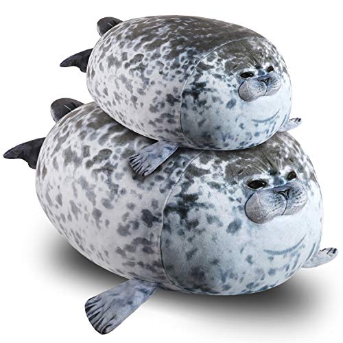 2 x Blob Seal Kissen, 30 cm, niedliches Plüschtier + 60 cm Plüsch-Riegelkissen, weiches Kugelkissen, gefülltes Baumwoll-Plüschtier, niedliches Ozean-Kissen, Grau (5 x 50 cm + 30 cm)