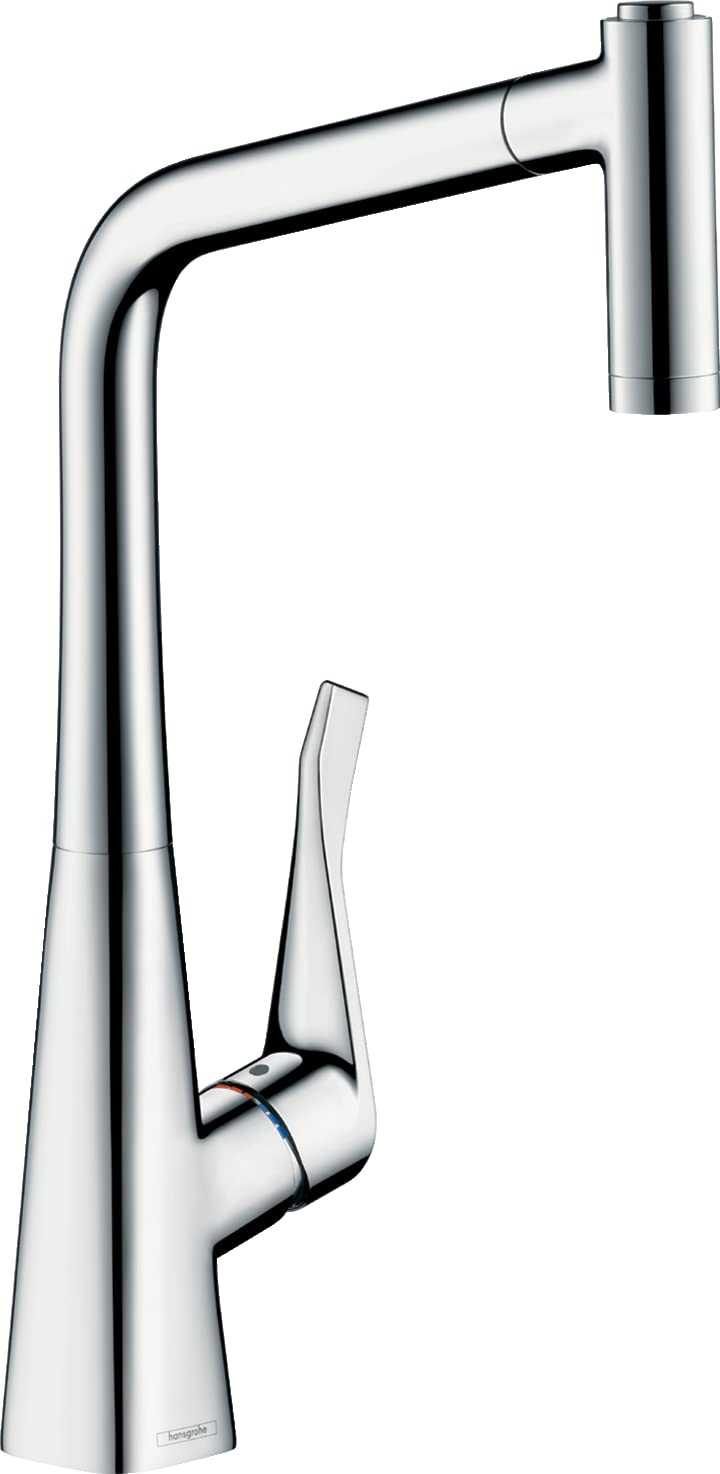 hansgrohe Küchenarmatur Metris M71, Wasserhahn Küche mit Auslauf Höhe 320 mm, 150° drehbar, ausziehbar, 2 Strahlarten, Chrom