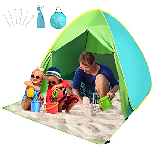 FBSPORT Strandzelt, UPF 50+ Easy Pop Up Strand Schatten Strandzelt, Sonnenschutz Sofort Tragbares Strandzelt Regenschirm Baby Baldachin Cabana mit Tragetasche, Grün/Cyan