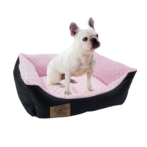 Odolplusz Hundebett Hundekorb Hundesofa Tierbett kleine Hunde | mit Silikonkugelnfüllung | Allergenfrei | 50x40 cm (schwarz + Minky rosa)