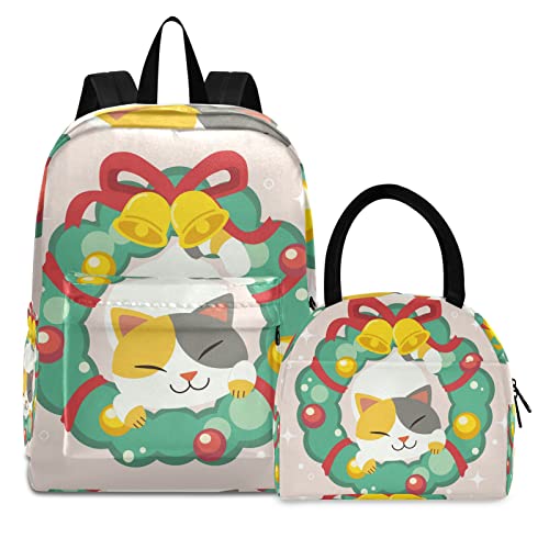 Katze Adventskranz Glockenband Büchertasche Lunchpaket Set Schulter Rucksacks Bookbag Kinderrucksack Isolierte Lunchbox-Tasche für Mädchen Jungs