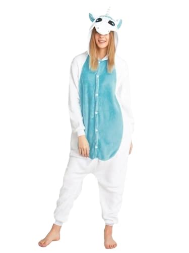 Unisex Erwachsene Einhorn Pyjamas Jumpsuit Schlafanzug Cosplay Karneval Halloween Tierkostüm faschingskostüme Damen Herren (Blau, S)