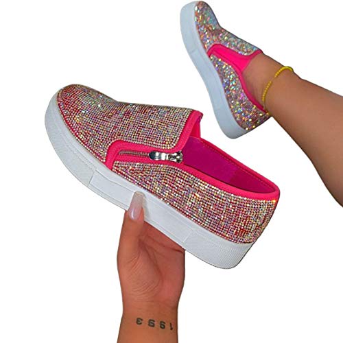 Damenschuhe, Stilvolle Damen Slip On Shiny Strass Zipper Platform Schuhe Low-Cut-Sneakers RoseateNone 40