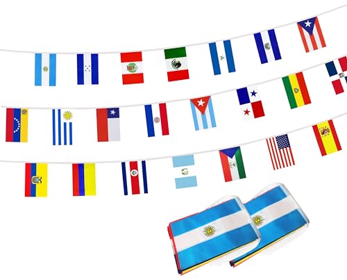 Lateinamerika Dekorationen String Flags 2 Set 22 spanische Sprache sprechende Länder Flaggen Banner Wimpelkette für hispanische Erbe Monat Veranstaltungen Dekorationen (18 m 44 Flaggen)