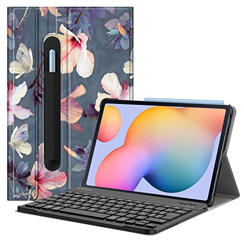 Fintie Tastatur Hülle (Französisch AZERTY) für Samsung Galaxy Tab S6 Lite 10.4 Tablet-PC, Blühender Hibiskus