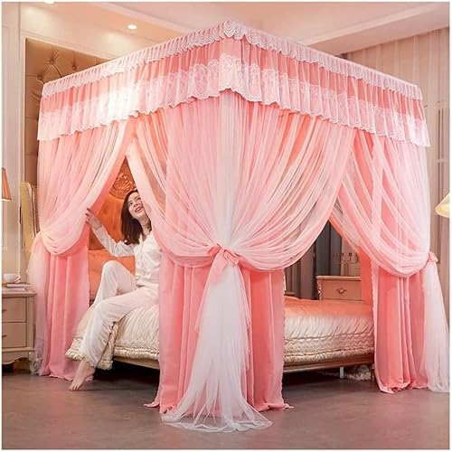 IisrAr Moskitonetz-Betthimmel für Einzel- und Doppelbetten, großflächige Bettvorhänge, romantische Spitzendekoration für Mädchenschlafzimmer (Farbe: Pink-2, Größe
