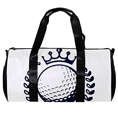 Runde Sporttasche mit abnehmbarem Schultergurt Golfball auf Tee mit Kranz und Krone Training Handtasche Übernachtungstasche für Damen und Herren, mehrfarbig, 45x23x23cm/17.7x9x9in