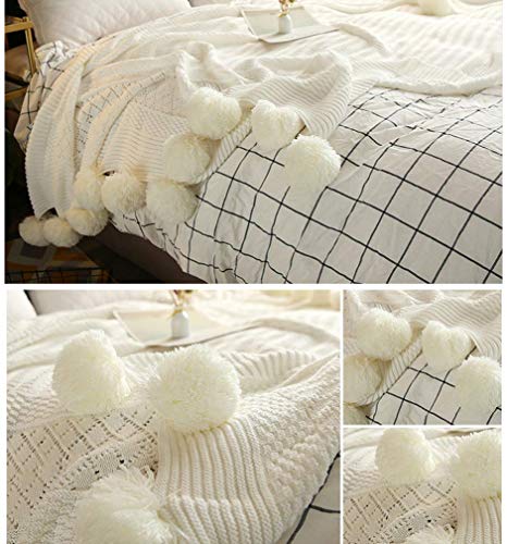 YIYIDA Chunky Gestrickt Decke Warme Kuscheldecke 100% Baumwolle, weich und kuschelig Bettüberwurf mit Pompon für Sofa, Bett, Outdoor