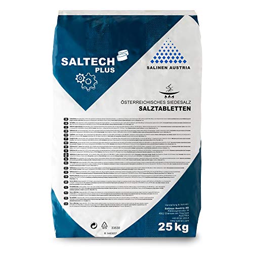 SALTECH Plus Salztabletten im 25kg Sack für Wasserenthärtungsanlagen, Entkalkung & Elektrolyse I Hochreines Regeneriersalz (99,9 NaCl) mit höchster Löslichkeit für sauberes & weiches Wasser
