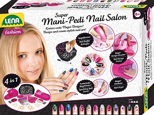 Lena 42654 42654EC Super Mani Pedi Nail Salon, 4 in 1 Nagelstudio für Kinderhände, Komplettset zum Verschönern von Fingernägel, Fingernagelsalon für Mädchen ab 8 Jahre, Nagelpflege