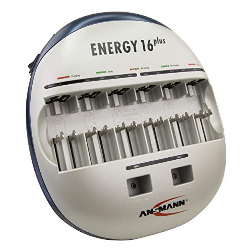 ANSMANN Energy 16 Plus Akku Ladegerät - Ladestation für AAA, AA, C, D, 9V E-Block & USB - Schnellladegerät als Pflegestation & Kapazitätstester mit Refresh Funktion - Batterieladegerät NiMH Akkus