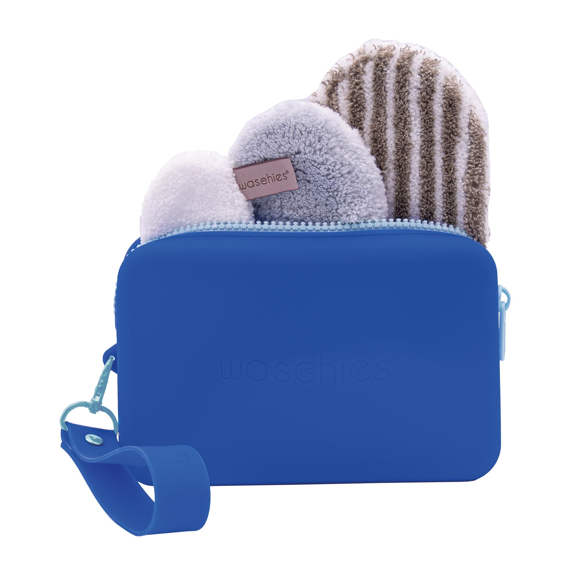 waschies Zero Waste Bag XL "Magic Blue" inkl. Travel Bag Blue mit abnehmbaren Schlüsselanhänger, Peeling Pad, Abschmink- & Reinigungspad und Toner Pad