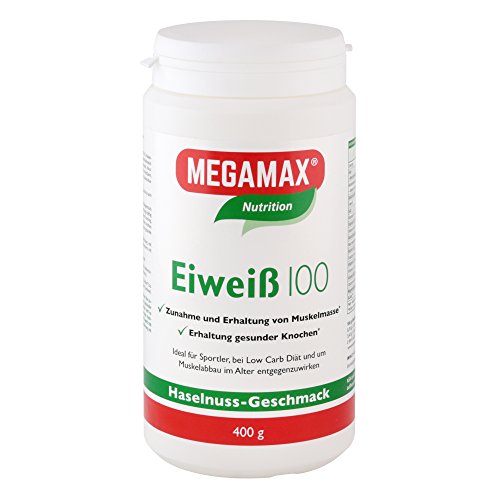Megamax Eiweiss Haselnuss 400 g | Molkenprotein + Milcheiweiß Für Muskelaufbau,Diaet | 2k-Eiweiss ideal zum Backen | hochdosiertes Low Carb Shake | aspartamfrei Protein-pulver mit Aminosäure